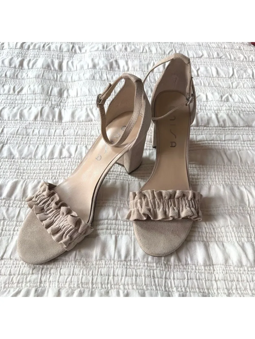 Unisa Taupe Ruffle Ankle Strap Block Heel Sandals Size 9M